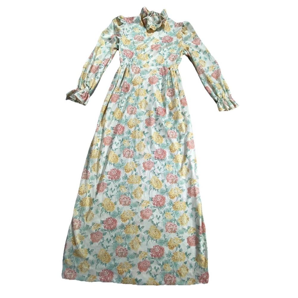 Vintage Maxi Dress Women S Multi Floral Pleated Zip Ruffled Cuffs Long Sleeve